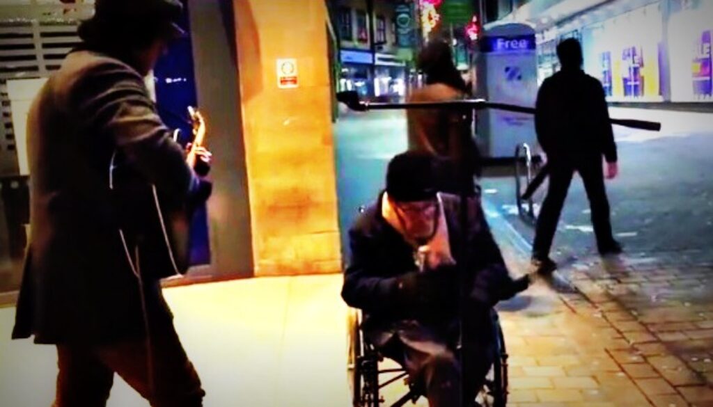 homeless man takes mic