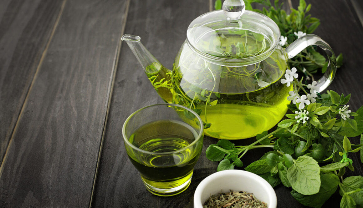 healthy green tea cup with tea leaves