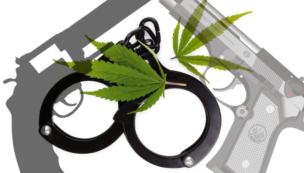 Marijuana leaves and handcuffs isolated on white background illegal drug.