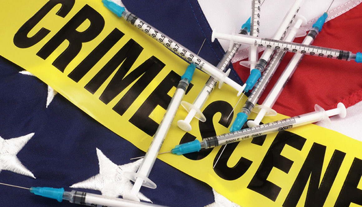 Syringes And Crime Scene Cordon Tape Over American Flag