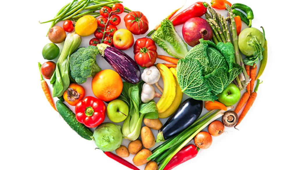 Heart shape by various vegetables and fruits. Healthy food conce